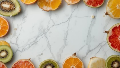 Vibrant citrus fruit slices arranged on modern marble background