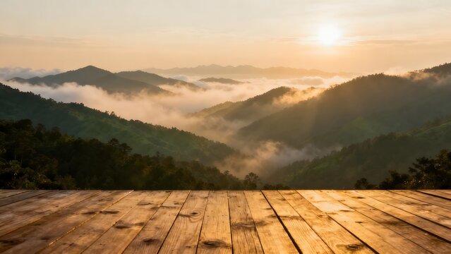 Sunrise over misty mountains