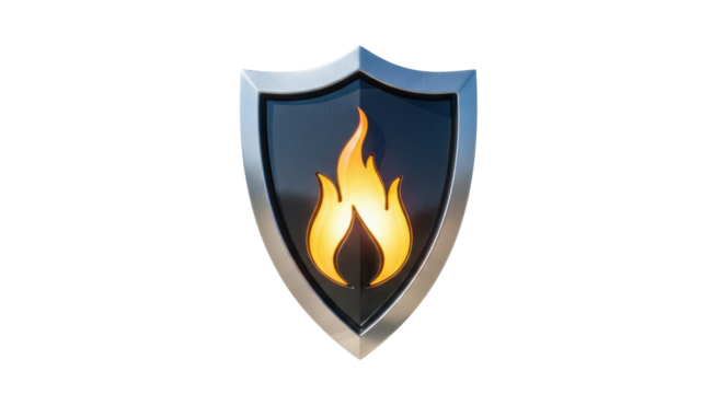Isolated shield emblem with flame icon for design element or security system symbol - Powered by Adobe