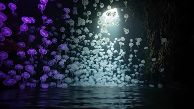 Magical migration of luminous jellyfish floating through a dark, watery cavern towards a celestial light source