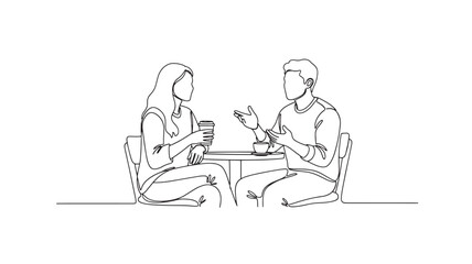 Continuous line drawing of a couple talking at a cafe sharing coffee simple vector illustration for friendship and relationship co