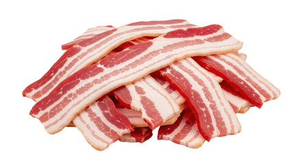 Isolated pile of delicious, uncooked bacon strips, ready for cooking and adding to breakfast