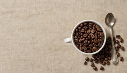 Roasted coffee beans spilling from white cup with spoon on linen