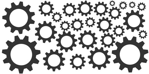 Gear icon set vector isolated on white background. White background with gear mechanism, technology and progress concept, machinery industrial technology sign. Vector Illustration Featuring a Grid