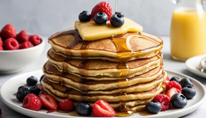 Golden pancakes dripping with syrup and topped with fresh berries