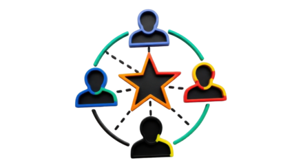 Isolated Network of colorful people collaborating around a star in the center, meeting group