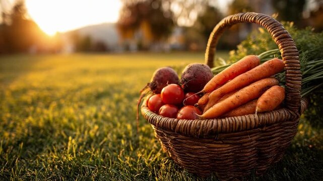 Basket of fresh vegetables, including carrots and beets, resting in a sunlit field at sunset.