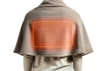 Person wearing an electric heating pad cape for warmth and comfort on a transparent background