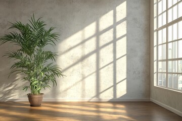 Interior background of empty room with beige and blue stucco, brick wall with copy space and pot with pampas grass 3d rendering, Generative AI