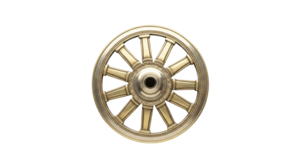 Isolated Vintage Wagon Wheel Decor, Rustic Bronze Metal Rim, Aged Spokes, Ornamental Design