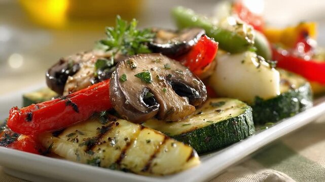 A platter of grilled vegetables—zucchini, mushrooms, red bell peppers, onions and fresh herbs.
