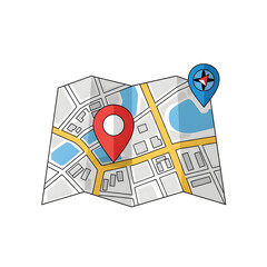 A folded map with a red location marker and a compass icon, indicating navigation.
