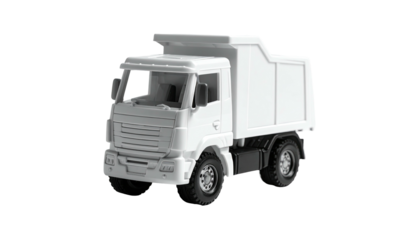 A white toy truck with detailed features, isolated on black, in front view