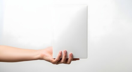 A person holding a blank book against a soft, neutral background, showcasing a minimalist design