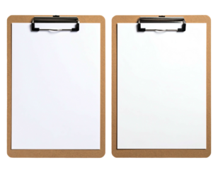Two blank clipboards, side-by-side, with white paper and brown frames