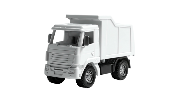 A white toy truck with detailed features, isolated on black, in front view