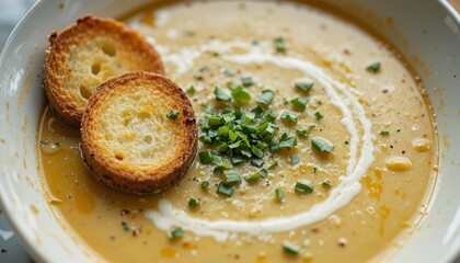 Delicious creamy soup with toasted bread and fresh herbs garnish