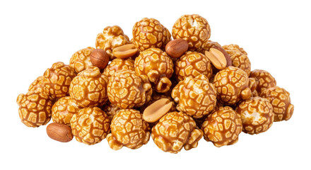 Isolated pile of crunchy caramel popcorn balls mixed with peanuts ready to eat sweet treat