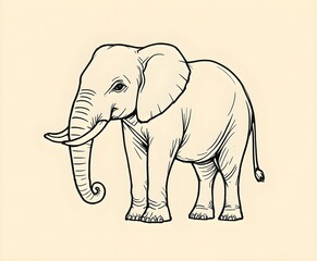 Fototapeta premium black and white outline drawing of an elephant in side profile with large ears, long trunk, and tusks for coloring books.