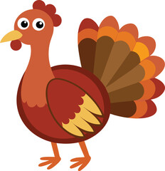 Cartoon turkey with colorful feathers standing on a plain white background.