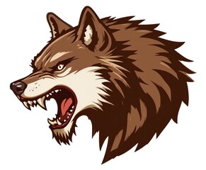 stylized snarling wolf head in profile with open mouth and sharp teeth in shades of brown for logos and mascots.