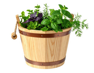 Wooden bucket filled with various fresh herbs