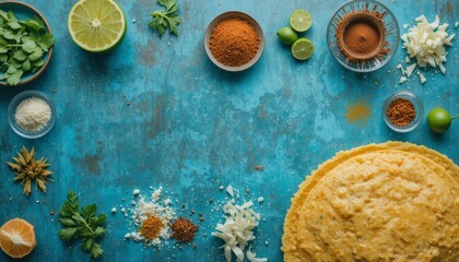 Delicious tortillas with vibrant spices and fresh herbs overhead shot