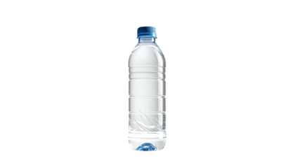 Clear plastic bottle filled with transparent liquid, dark background, blue cap