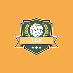 JAK Volleyball Logo Design JAK Modern Sports Shield Emblem with Ball, Laurel and Ribbon for Volleyball Club, JAK Tournament and Team Branding  © Hosna