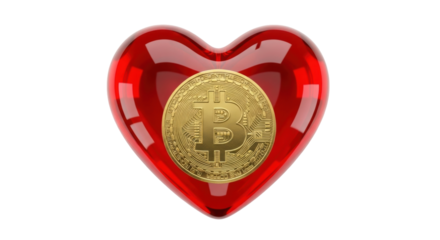 Isolated red heart shape with golden Bitcoin symbol for crypto Valentine love concept