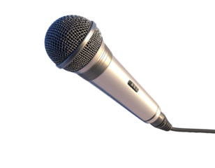 Metallic handheld mic with a mesh head, cable, and a sleek, isolated design