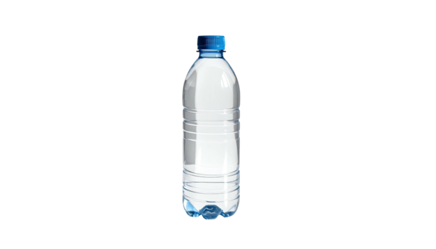 Clear plastic bottle with blue cap on a black background. Reflected light