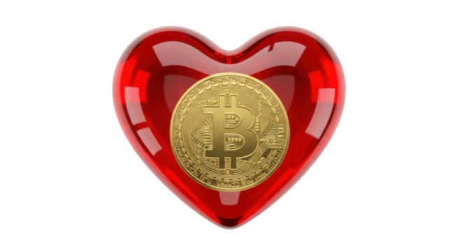 Isolated red heart shape with golden Bitcoin symbol for crypto Valentine love concept