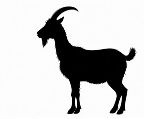 black silhouette of a goat in profile showing its full body with distinctive horns and beard on a white background.