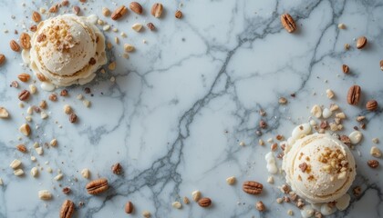 Delicious vanilla ice cream scoops with nuts on elegant marble table