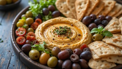 Delicious hummus platter with crackers and fresh olives ready to eat
