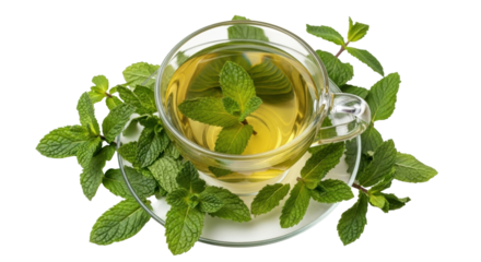 Isolated aromatic mint tea, served in transparent cup and saucer; herb leaves all around