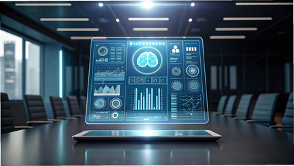Artificial intelligence and data analytics hologram on laptop in modern office