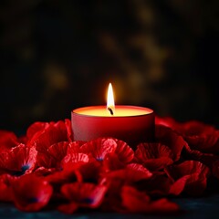 Glowing candle and red poppies representing Remembrance Day patriotic honor, soldier tribute, sacrifice, and military remembrance