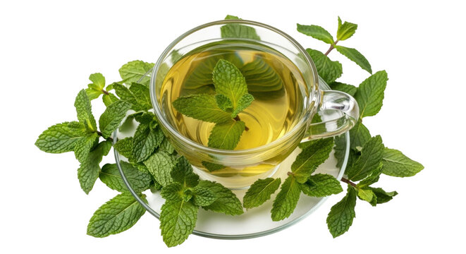 Isolated aromatic mint tea, served in transparent cup and saucer; herb leaves all around