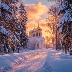 Orthodox cathedral with golden domes at sunset, snowy winter scene, peaceful seasonal religious holiday atmosphere
