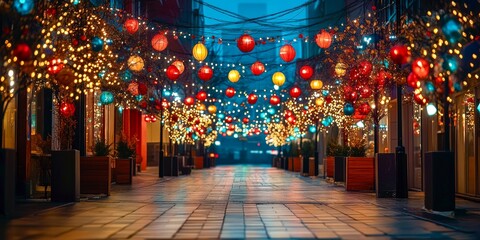 Holiday night street decorated with glowing bright lights
