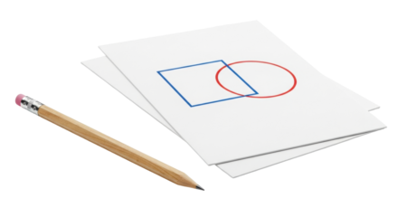 Isolated drawing on paper with square and circle, pencil and papers on table surface