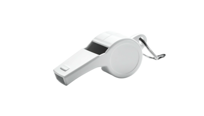 A white, plastic whistle with a lanyard attachment, isolated on a black background