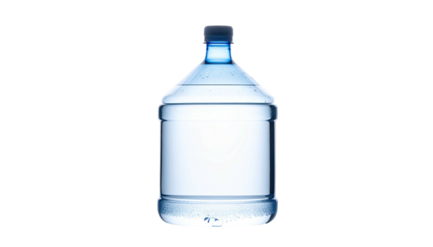 A transparent blue, refillable, plastic water jug against a stark black background