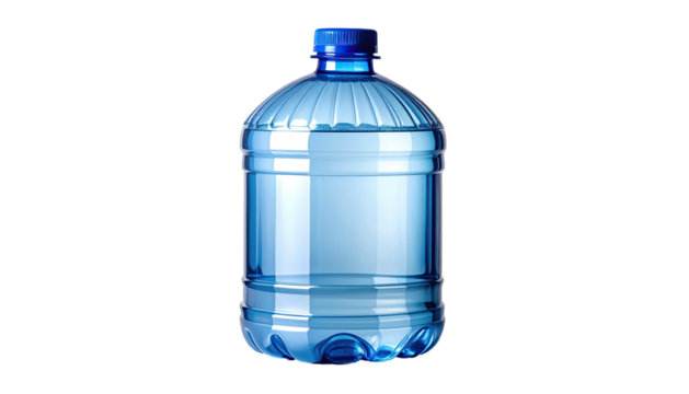 Clear, blue, transparent plastic jug of water with a blue cap, on black background - Powered by Adobe