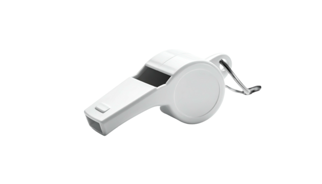 A white, plastic whistle with a lanyard attachment, isolated on a black background