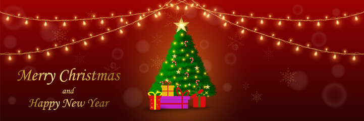 Christmas tree with gifts and glowing lights, Merry Christmas and Happy New Year greeting card
