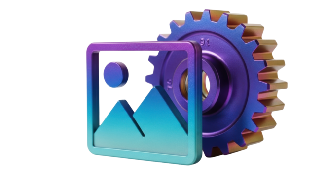 Isolated gallery and gearwheel concept, colorful 3D icons, abstract illustration, render