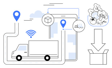 Fototapeta premium Truck on delivery route, GPS markers, smartphone interface, wireless signal, produce box, and arrows. Ideal for logistics, supply chain management, tracking delivery IoT systems transportation